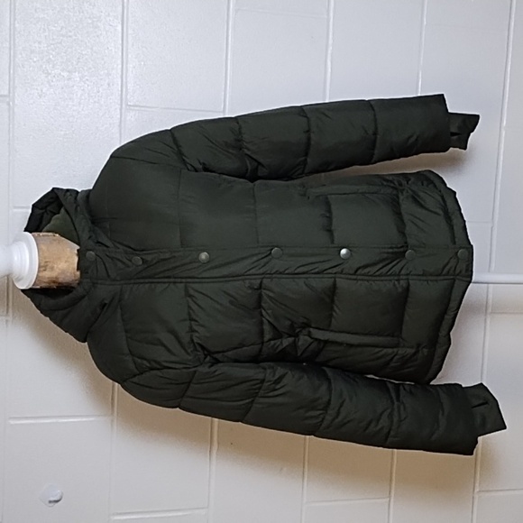 Olive Warm Puffer Coat Thumb Holes Zip Pockets Soft Fleece Lining - Picture 1 of 11